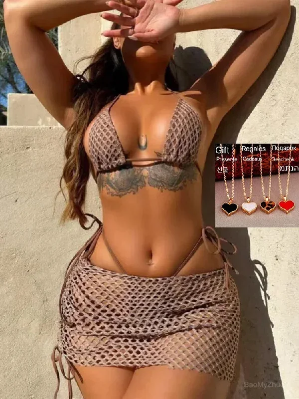 2024 Three Piece Bikinis Set Women Sexy Mesh Fishnet Skirt Swimsuit Female Solid Lace Up Swimwear Bathing Thong Beach Outfits