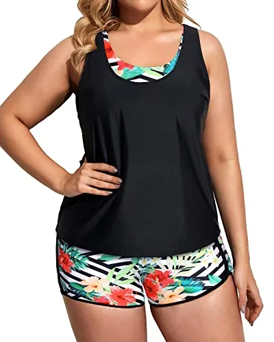 Athletic Bathing Suits With Boy Shorts And Sports Bra With Boardshorts-Black Floral