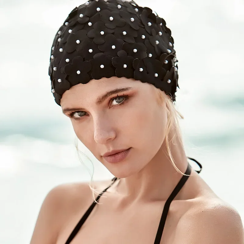 Blooming Pearl Flowers Black Swimming Cap