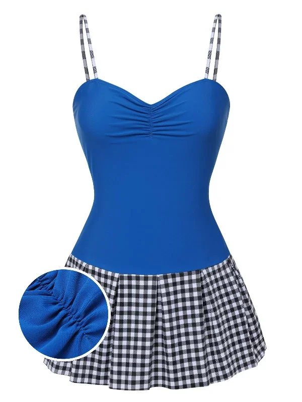 [Pre-Sale] Blue 1960s Plaid Patchwork Strap Swimsuit