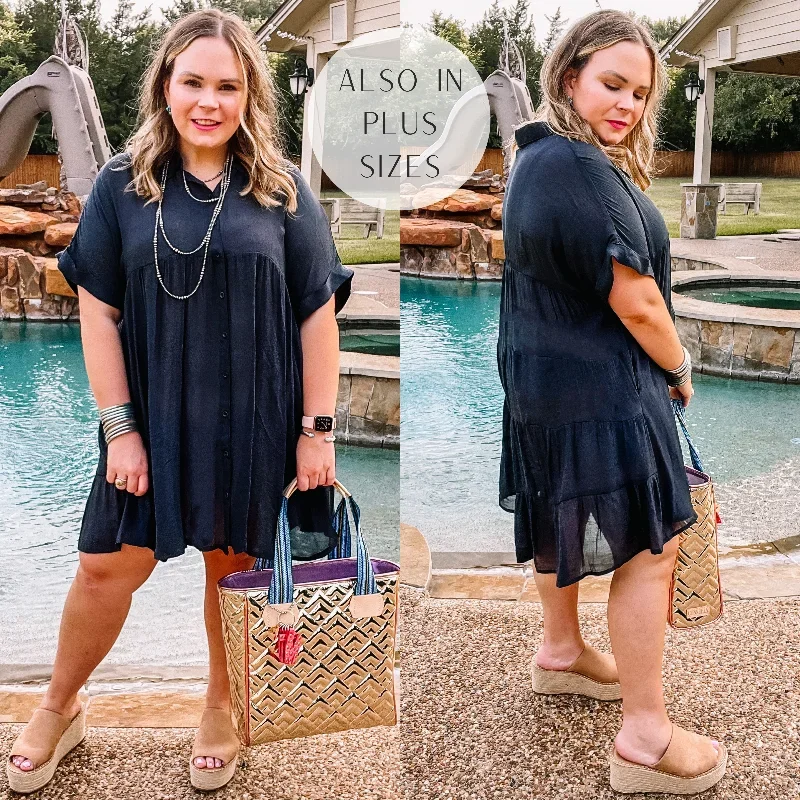 Wildest Dreams Button Up Short Sleeve Tunic Dress in Black