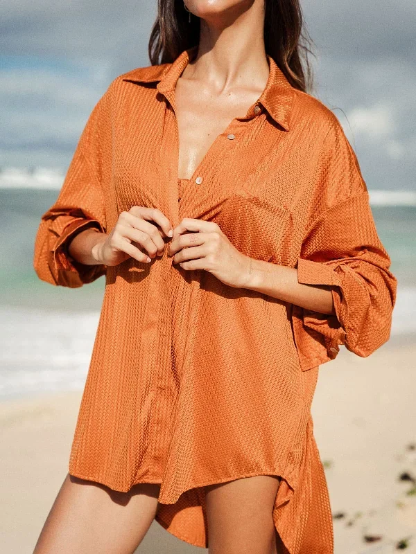 Caramel Shirt Collar Textured Cover Up