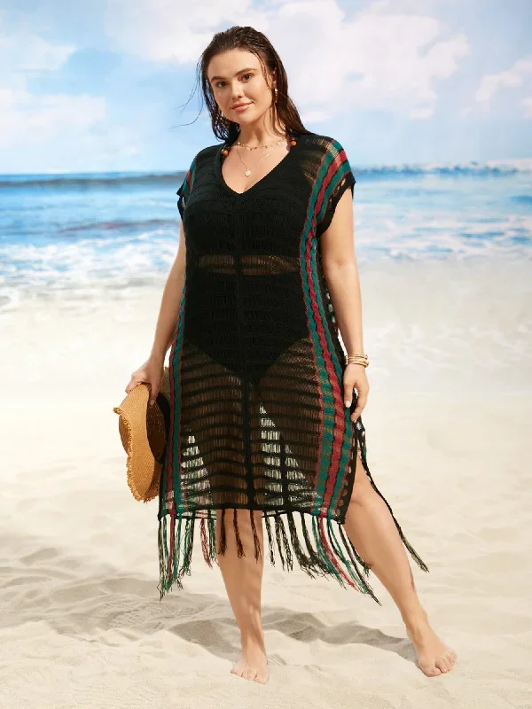 Contrast Striped Tassel Trim Split Side Swim Cover Up