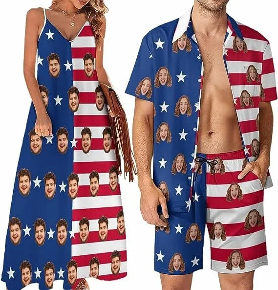 couple-hawaiian-dress-set-cruise-outfit-custom-face-american-flag-style-hawaiian-shirt-set-dress