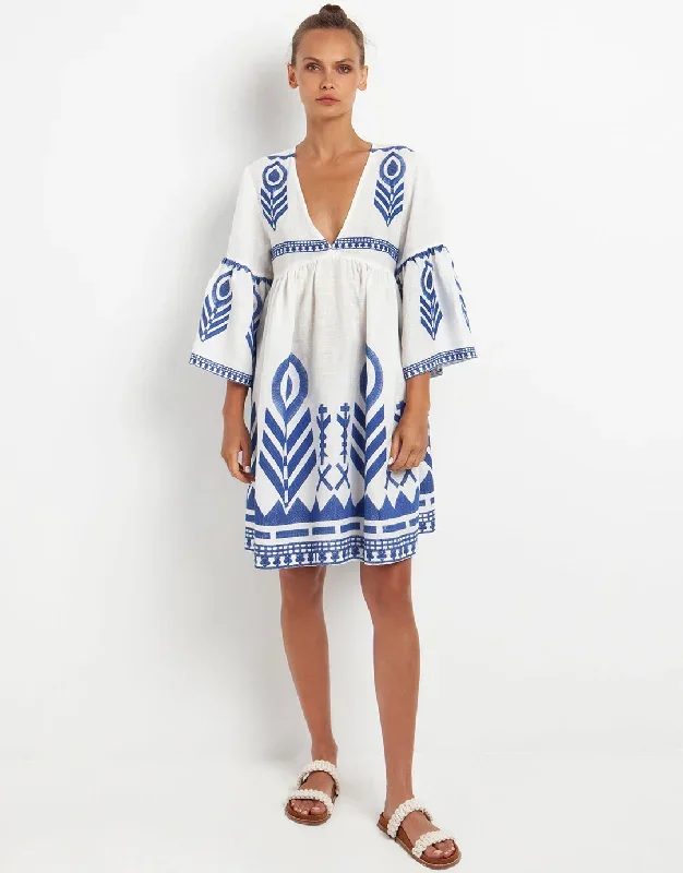 Feathers Mini Dress - White and Blue