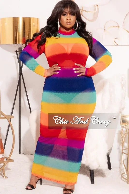 *Final Sale Plus Size Sheer Mesh Bodycon Dress in Rainbow Stripes