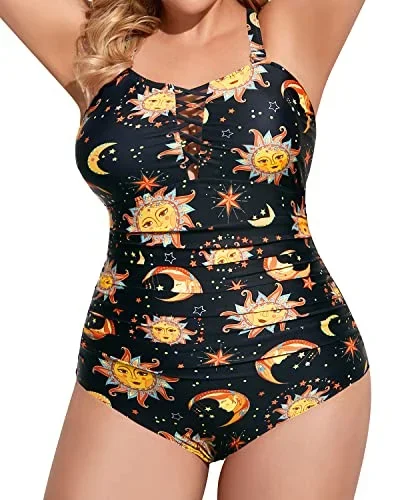 Ladies Ruched Tummy Control Plus Size One Piece Swimsuits-Black Sun And Moon