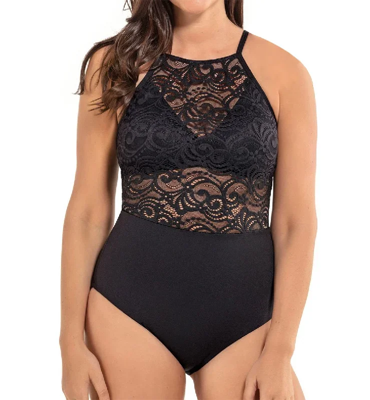 Leonisa Lace High Neck One Piece Swimsuit (190880)- Black