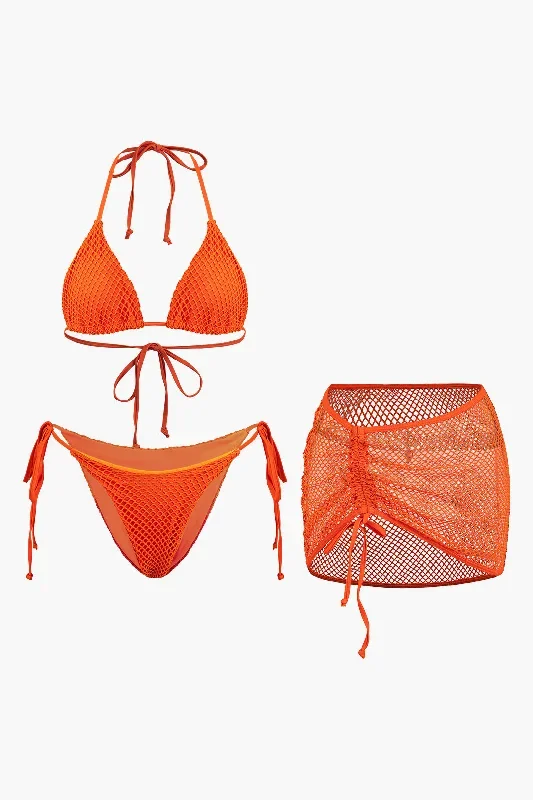 Halter Mesh Wrap Cover Up Three-Piece Bikini Set