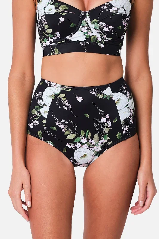 Never Say Never High-Waisted Bikini Bottom LONDON BOTANICAL BLACK