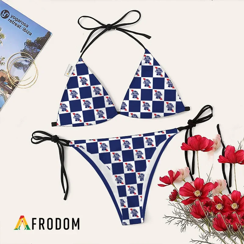 Pabst Blue Ribbon Checkerboard Bikini Set Swimsuit Beach