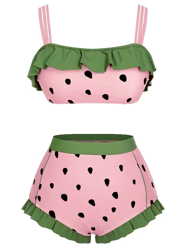 [Pre-Sale] Pink 1950s Strawberry Ruffle Strap Swimsuit