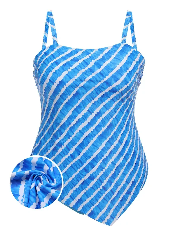 [Plus Size] Blue 1950s Diagonal Stripe One-Piece Swimsuit