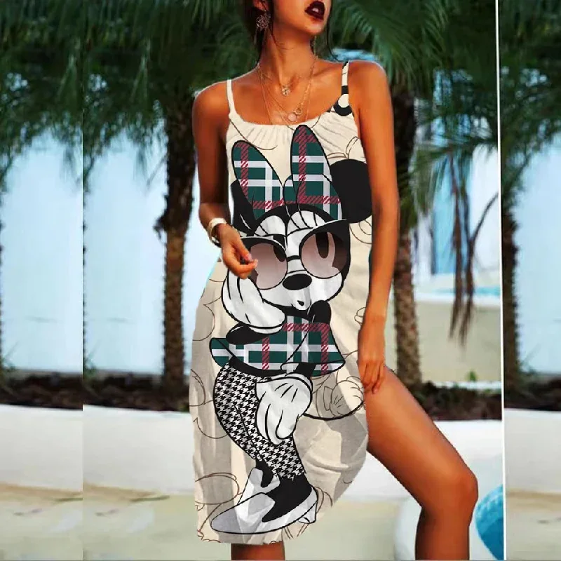 Plus Size Loose Fashion Mickey Mouse Printed Sleeve Midi Dress Lady Strap Dress Summer New Sexy O-Neck Women's Beach Dress  ﻿