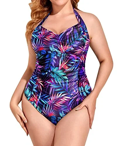 Ruched Twist Front Top Plus Size Tummy Control Swimwear-Blue Leaves