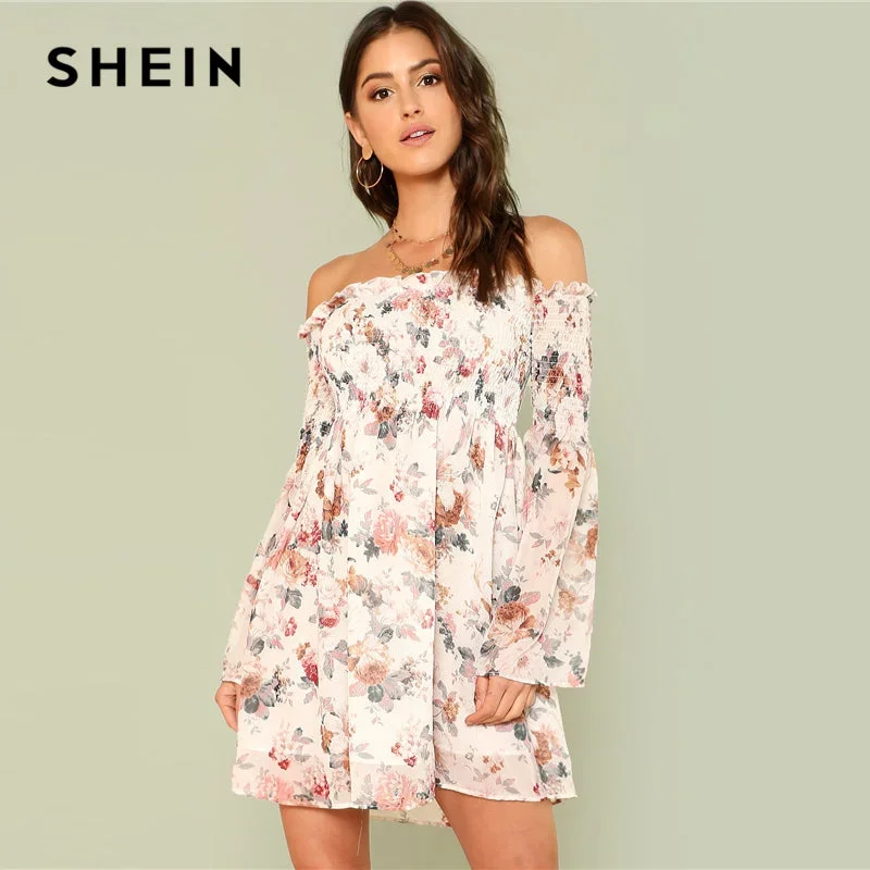 SHEIN Trumpet Sleeve Floral Smock Dress 2018 Summer Long Sleeve Off the Shoulder Dress Women Print A Line Beach Dress