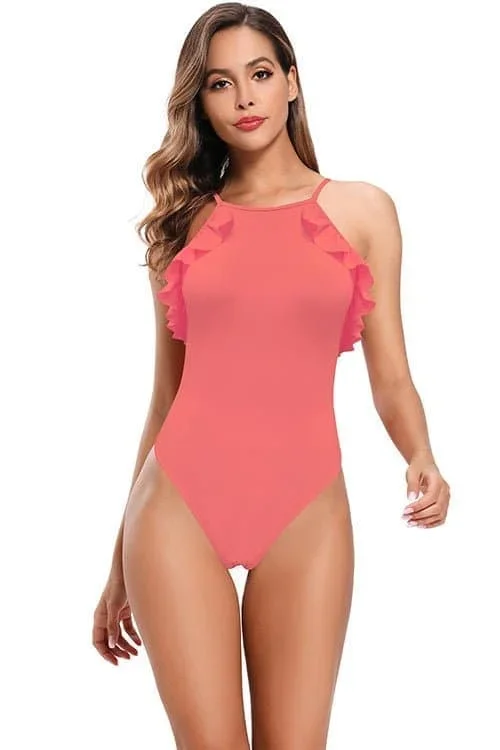 High Neck Backless Ruffle Sexy One Piece Swimsuits