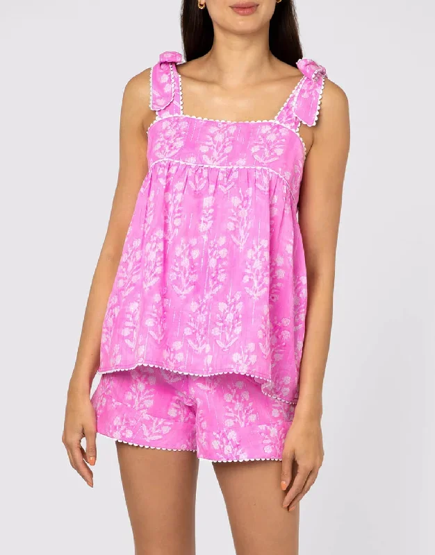 Small Flower Block Print Tie Shoulder Top - Orchid