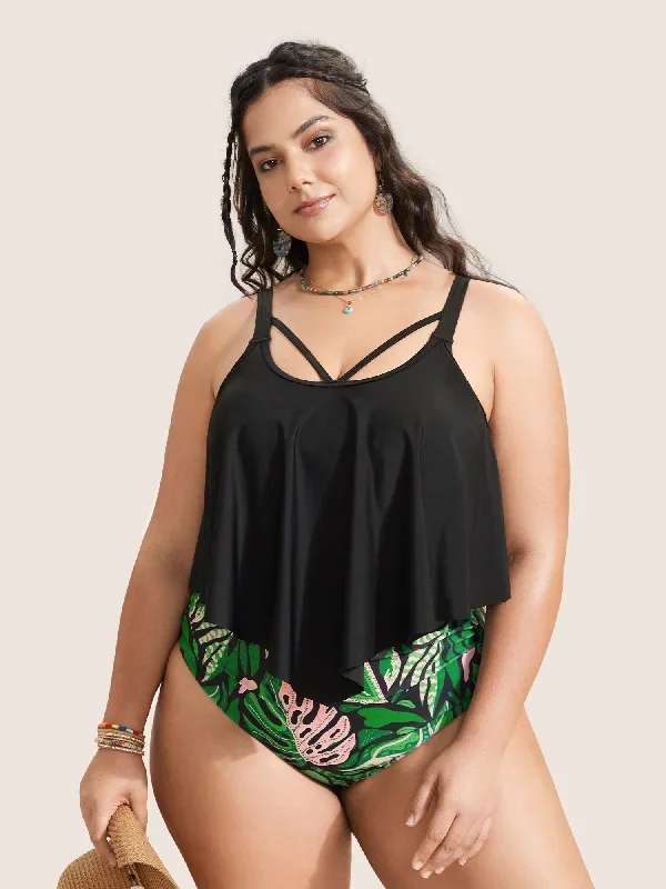 Tropical Print Patchwork Crisscross One Piece Swimsuit