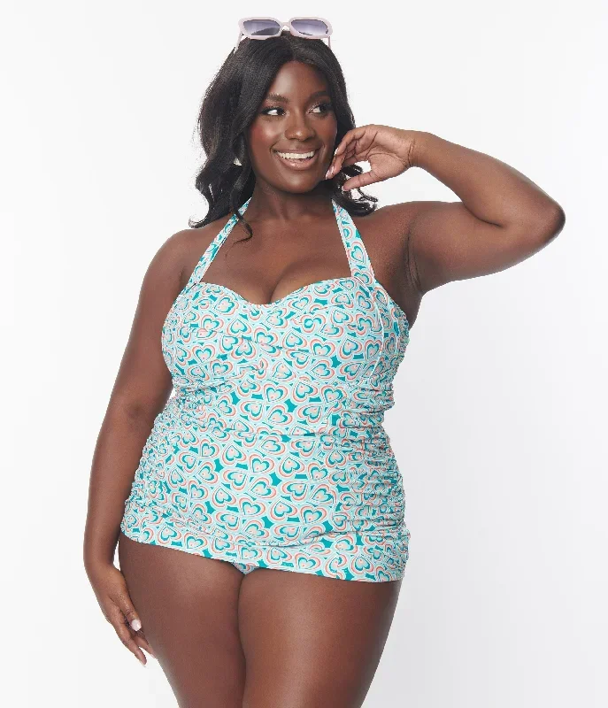 Unique Vintage Plus Size Turquoise Retro Hearts Print Corrine Sheath Swimsuit