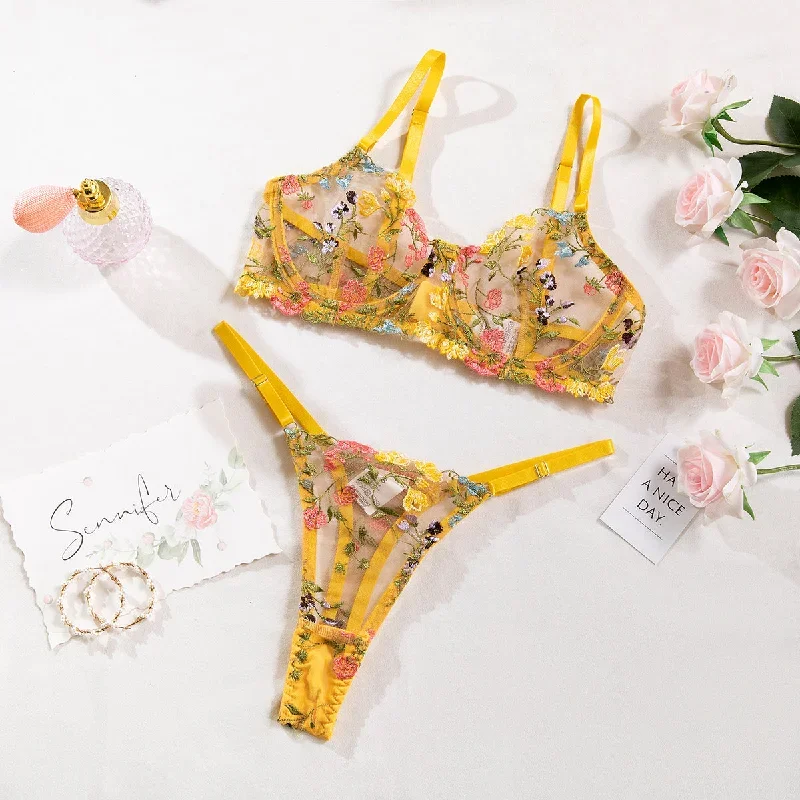 Women's 2 Piece Floral Embroidery Underwire Lingerie Set Mesh Bra and Panty Set
