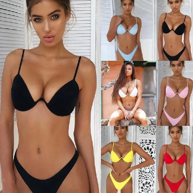 Women Fashion Padded Bra Bikini Set Swimsuit Ladies Solid  Bandage Push-up Triangle Swimwear Bathing Suits Biquini Swimwear