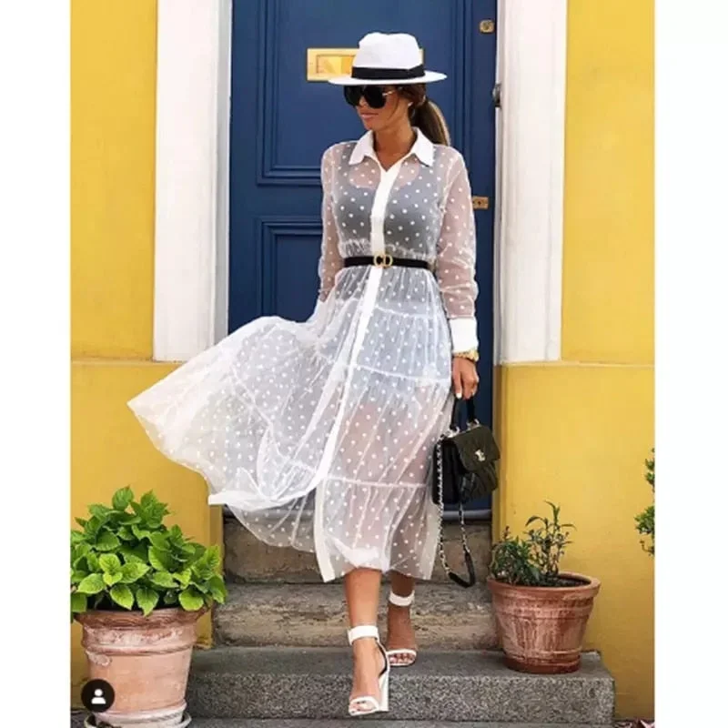 Women Mesh Sheer Transparent Polka Dot Lace Cover up V Neck Button Down Maxi Dress See-through Party Clubwear Beach Dress