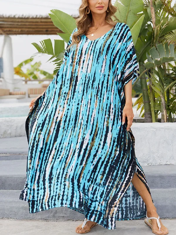 Women Print Beach Kaftan Dress Short Sleeve Plus Size Bathing Suit Cover Ups