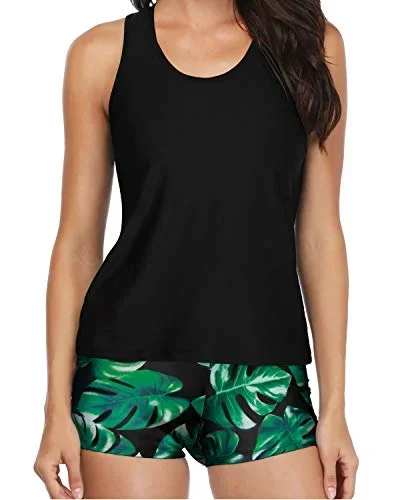 Tummy Control Modest Swimsuits Boy Shorts For Women-Black Leaf