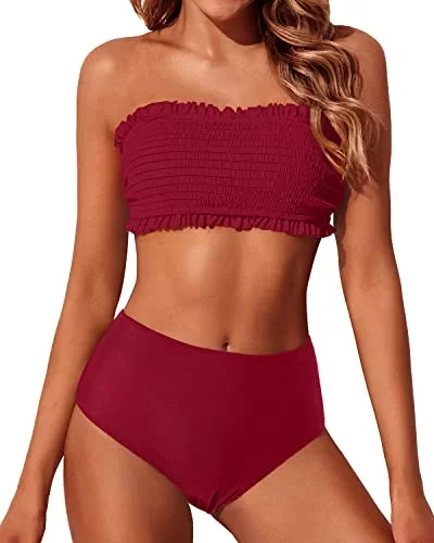 Push Up Off Shoulder Bandeau Bikini Top High Waisted Cheeky Bottom-Red