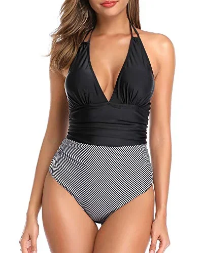 Plunge V Neck Women One Piece Swimsuit Tummy Control Halter Bathing Suit-Black Stripe