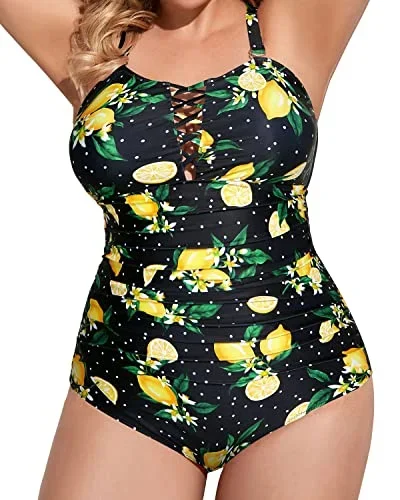 Deep V Neck Criss Cross Back Design Tummy Control One Piece Swimsuit-Lemon