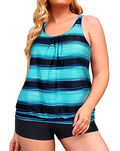 Slimming Tummy Control Tankini Set Plus Size Swimwear-Green Stripe