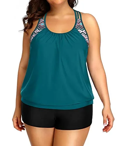 Blouson Two Piece Tummy Control Tankini For Plus Size Women-Teal