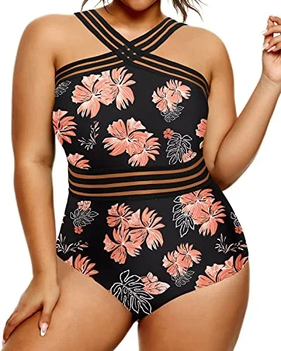 Strapless Monokinis One Piece Swimsuit For Plus Size Women-Black Orange Floral