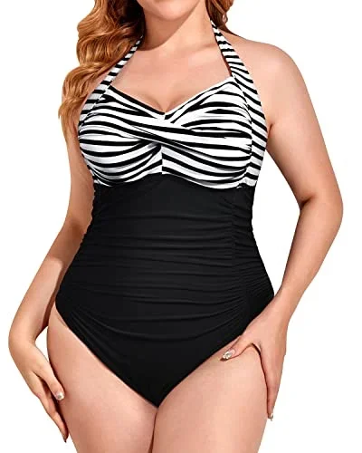 Sweetheart Neckline Plus Size Slimming One Piece Swimsuit-Black And White Stripe