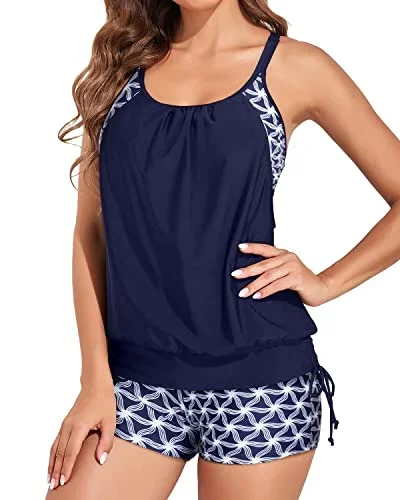 Blouson Double Up Tankini Tops For Women Two Piece Bathing Suits-Blue And White Stars